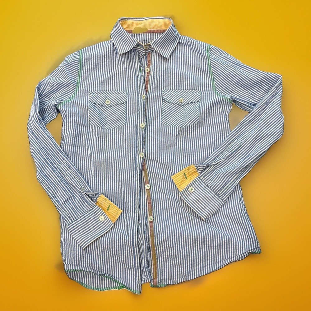 ARNOLD ZIMBERG Wmn's Blue White Pinstripe Button Down Shirt Sz L Eclectic Prep